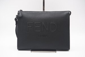 ☆安心の３大保証☆ ABランク ≪FENDI フェンディ/クラッチバッグ ≫ 7VA491 FENDI ROMA ロゴ フラットスリム レザー ブラック 美 送料込