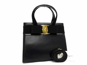 1円 ■美品■ Salvatore Ferragamo フェラガモ BA21 4178 ヴァラリボン レザー 2WAY ハンドバッグ ショルダー ブラック系 AY4913