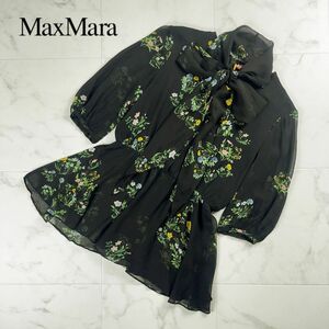 美品 Max Mara マックスマーラ 花柄シフォンペプラムブラウス ボウタイ付き トップス レディース 黒 マルチカラー サイズM*NC802