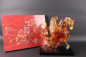 【珍品堂】1円から　置物　瑠璃工房　天馬彫　証明書付　中国　縁起物　美品上品　古美術　骨董品　高約27.5　長約21.5ｃｍ　重量8.6ｋｇ