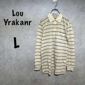 【Lou Yraknr】ゴルフウェア（Ｌ）長袖ポロシャツ＊ボーダー＊ベージュ＊