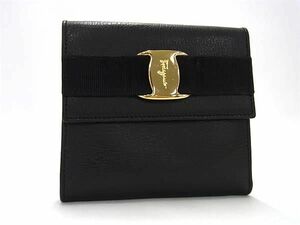 1円 ■美品■ Salvatore Ferragamo フェラガモ ヴァラ レザー がま口 三つ折り 財布 ウォレット レディース ブラック系 AZ4948