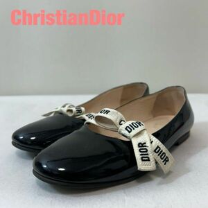 P0019★10 高級 近年モデル ChristianDior ディオール レディース パテント ロゴ リボン フラット バレー シューズ ローファー パンプス