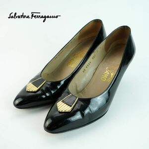 Salvatore Ferragamo サルヴァトーレフェラガモ 8 25.5 パンプス イタリア製 ヒール ゴールド金具 エナメル 黒 ブラック/NC6