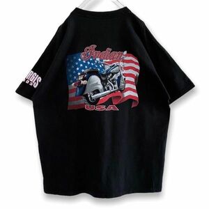 古着 ENDIAN ビッグプリント バイク 星条旗 Tシャツ 黒 XXL 両面プリント 袖プリント