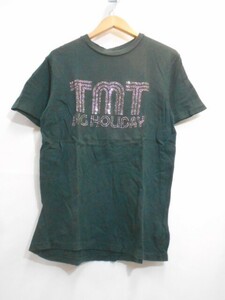 67 送60サ 0417$D11 TMT ティーエムティー メンズ 半袖ラインストーンロゴTシャツ 日本製 グリーン サイズL 中古品