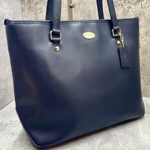 1円【未使用級】COACH コーチ トートバッグ 大容量 ビジネスバッグ A4 PC レザー メンズ ネイビー 肩掛け ロゴメタル ゴールド金具 紺