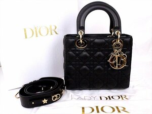 極美品Christian Dior【レディ ディオール 】レザー2wayバッグ☆ハンド/ショルダー☆20センチ☆ブラック×ゴールド金具☆ロゴ☆未使用級