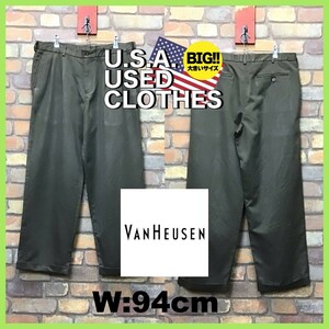 SL1-012★W94センチ位★USA買付商品★光沢感◎ BIGサイズ【VAN HEUSEN】2タック スラックスパンツ【W36 メンズ XL】茶 ゴルフ ワーク 古着