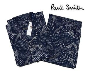 ◇A10 新品 国内正規品 定価19,800円ポールスミス Paul Smith 総柄 パジャマ(長袖&前開きロングパンツ) 【L】ネイビー