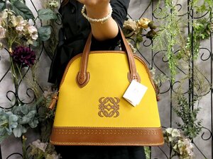 ●美品●LOEWE ロエベ●アナグラム●バイカラー●キャンバス カーフ レザー●ハンド バッグ●マスタードイエロー 茶●G金具●B5●Js51890