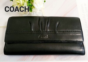 【COACH】コーチ 長財布 三つ折り ブラック レザー パスポートケース付き