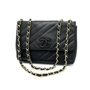 1円 良品 CHANEL シャネル バイアス ステッチ ココマーク キャビアスキン チェーン ショルダー ハンド バッグ dK1024N