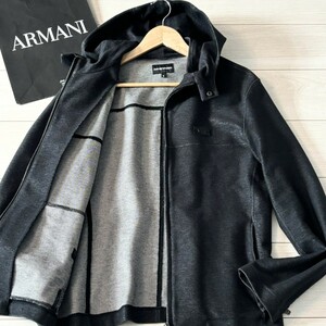 未使用級/XLサイズ●エンポリオ アルマーニ デニム風 パーカー フードジャケット EMPORIO ARMANI ストレッチ ダブルジップ EAロゴワッペン