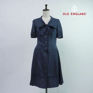 美品 OLD ENGLAND オールド イングランド シルク混 ボウタイ付きプリーツシャツフレアワンピース 膝丈 レディース 紺 サイズ36*PC937