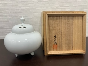 ☆ 希少美品 ☆　 白磁三足香炉 高麗庵 清六窯 中村清六作 共箱付き　 ◆1259