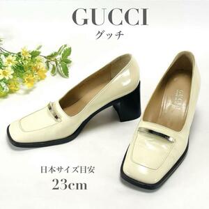 グッチ GUCCI パンプス スクエアトゥ ロゴパネル レザー ベージュ 36 23cm ロゴ ブランド ローファー 靴 太ヒール