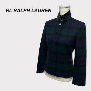 RLRALPH LAUREN ラルフローレン ジャケット　スタンドカラー　ラムレザーベルト　ウール100% ブラックウォッチ　レディース　9号