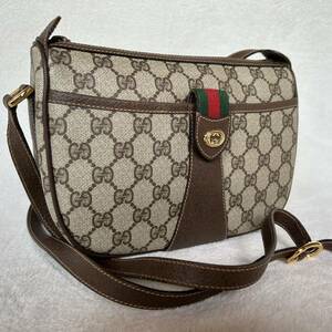 美品　グッチ【シェリーライン　インターロッキング】GUCCI オールドグッチ　GGスプリーム　GG柄　PVC ショルダーバッグ　レザー　金具