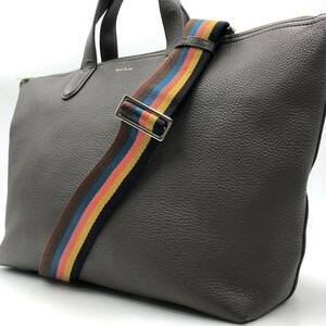 1円【未使用級】Paul Smith ポールスミス メンズ マルチストライプ 2way トートバッグ 肩掛け A4 大容量 ビジネス レザー ダークブラウン