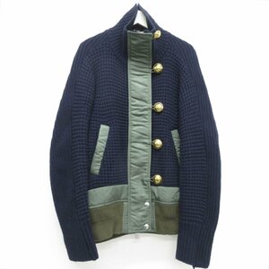 美品 sacai サカイ 金ボタン ドッキング ニットブルゾン パデッドジャケット 2 ネイビー×カーキ ◆