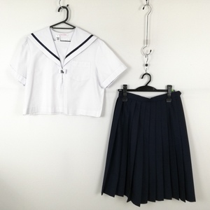 1円 セーラー服 スカート 上下2点セット 大きいサイズ 夏物 青1本線 女子 学生服 兵庫書写中学 白 制服 中古 ランクC EY8355