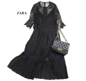 ザラ ZARA BASAIC 大人素敵スタイル☆ バックファスナー レース プリーツ ウエスト切り替え フレア デザイン ロング ワンピース M