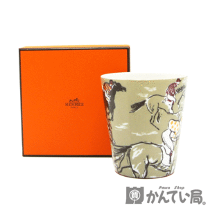 19028 HERMES【エルメス】キャンドル ホルダー タンブラー カップ フィニッシュ 騎馬隊 陶器 グレー系 マルチカラー インテリア