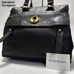 a80【極美品】イヴサンローラン　Yves Saint Laurent　ミューズトゥ　ブラック　黒　レザー　ハンドバッグ　トート　ワンショルダー　A4可