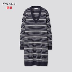 【お値下げ】新品タグ付き ユニクロ UNIQLO リネンブレンドVネックワンピース 長袖 JW ANDERSON 柔らかなシルエットで美しく Sネイビー紺色