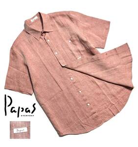 極美品【定価2.5万】Papas パパス リネン 半袖シャツ 46(S) M相当 メンズ シャンブレー 麻100％ ロゴ【クリーニング済】送料370円 日本製