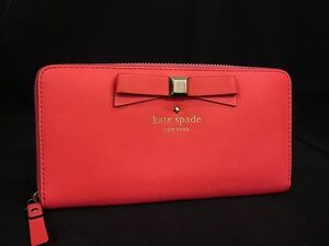 ■美品■ kate spade ケイトスペード レザー リボン ラウンドファスナー 長財布 ウォレット 小銭入れ 札入れ オレンジ系 DF7355