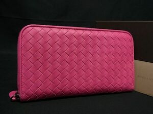 1円 ■極美品■ BOTTEGA VENETA ボッテガヴェネタ イントレチャート レザー ラウンドファスナー 長財布 ウォレット ピンク系 FK0389