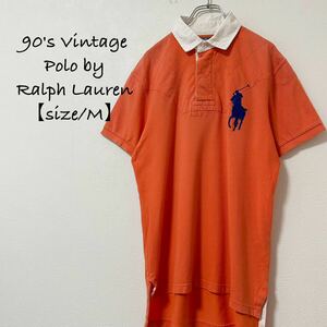 90s★Polo RalphLauren/ポロ ラルフローレン★ポロシャツ/ラガーシャツ★ビッグポニー★オレンジ×白×紺/青★M