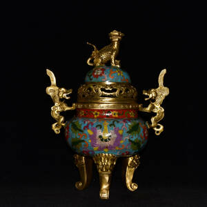 ▽鴻▽ 銅製 景泰藍 琺瑯彩 塗金 如意雙耳 三足熏香炉 置物 古賞物 中国古玩 中国古美術