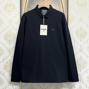 上級EU製＆定価4万◆UABONI*Paris*ポロシャツ*ユアボニ*パリ発◆上品 ソフト 伸縮性 清涼 総柄 長袖 プルオーバー ビジネス ゴルフ 紳士 M