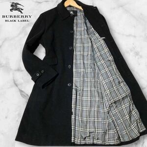 美品/希少LLサイズ◎バーバリーブラックレーベル 極上カシミヤ混 ノバチェック BURBERRY BLACK LABEL ステンカラーコート ロング 黒 メンズ