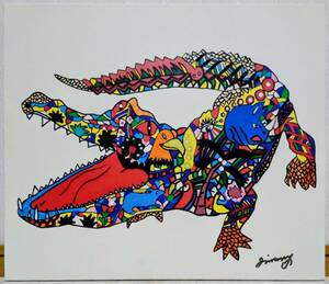 【F10号】ジミー大西【Crocodile】模写/手描き大型作品/肉筆保証/表裏サイン有り/アクリル/油彩/絵画/額縁/額装/検索（草間彌生　岡本太郎)