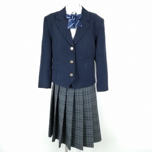 1円 ブレザー チェックスカート リボン 上下4点セット 大きいサイズ 冬物 女子 学生服 中学 高校 紺 制服 中古 ランクC EY8292