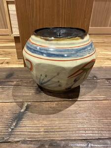 真贋保証　新垣栄三郎 作　茶道具 琉球 壷屋焼 赤絵 蓋付 水指　茶道具 琉球美術 沖縄民芸 水注 水差　長期管理品　未使用　元箱無し