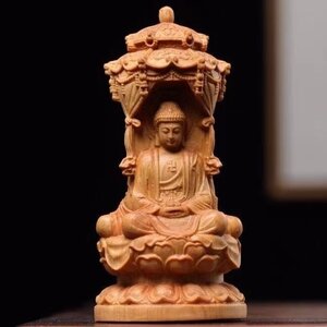 木彫仏像 三面 婆娑三聖座像 阿弥陀仏三尊（観世音菩薩 阿弥陀仏 地蔵菩薩像）彫刻 仏教工