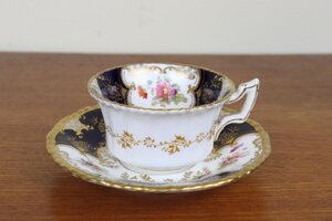 コールポート　バットウィング　ティーカップ　レア　デュオ　イギリス Coalport　コバルト　花柄　金彩　アンティーク