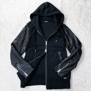 極美品●DIESEL ディーゼル ラムレザー切替 ジャケット フード ダブルジップ パーカー ブルゾン 袖 羊革 ロゴプレート ブラック Ｍ相当