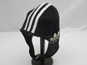 ★【B送900円】1284　GUCCI×adidas　グッチ×アディダス　コラボ　ニット帽　フード　保存袋付　黒　スリーライン　メッシュ　L/59cm