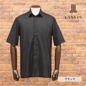 春夏/LANVIN COLLECTION/48サイズ/国産シャツ 薄手 清涼レーヨン シルク混 美艶ストレッチ 無地 モード 半袖 新品/黒/ブラック/ib169/