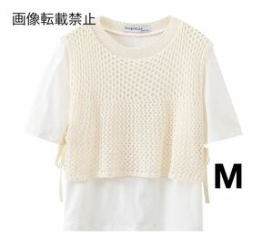 vintage ヴィンテージ レトロ メッシュ ニット ドッキング Tシャツ トップス Mサイズ レディース★ZARA 好きな方に★2024 春新作 新品★