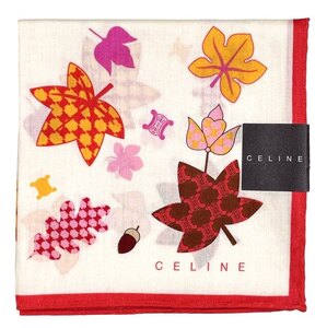 未使用 セリーヌ ハンカチ　マカダム　ロゴ　もみじ　レッド CELINE　紅葉　スカーフ　コットン　100％　レディース　【中古】