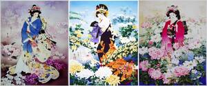 Geisha Girl 綺麗な芸者の絵（森田春代作）3枚組　キャンバスシートに高精細印刷　H25xW20cm Set Ｂ (現品限り)