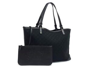 1円 ■美品■ GUCCI グッチ 247209 GG柄 GGキャンバス×レザー ポーチ付き トートバッグ ショルダー 肩掛け ブラック系 FL0336