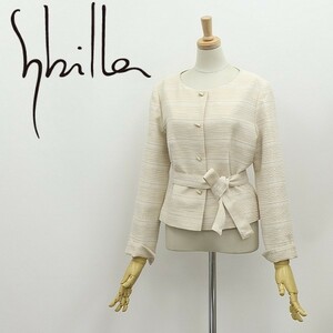 美品◆Sybilla シビラ ツイード リボンベルト付 ノーカラー ジャケット アイボリー L